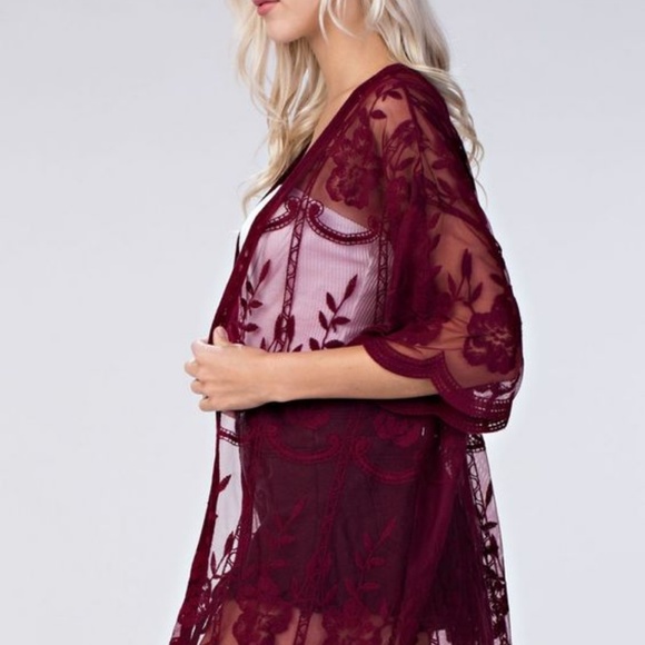 1 left- Red Lace Sheer Embroidered Kimono Cardigan - Picture 3 of 5